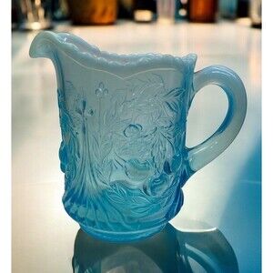 Vintage LG Wright Blue Glass Opalescent Raised Cherry Design Creamer MCM 1960’s